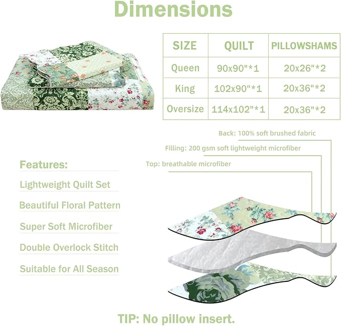 Cmfshape Summer Floral Oversized King Quilted Bedspread, Romantic Green Quilt - Image 4