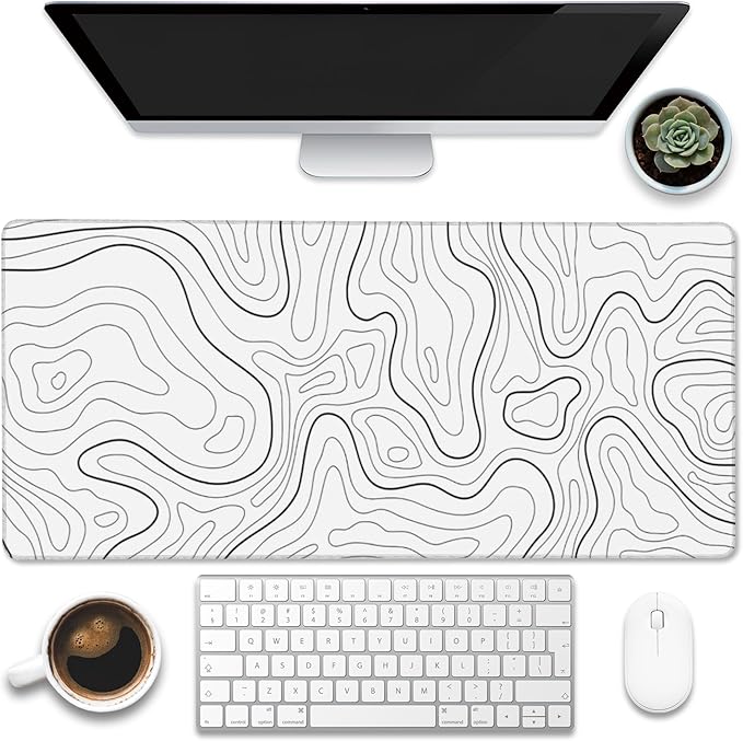 Eflxamz Desk Mat,White Topographic Contour Map Desk Pad,Topographic Contour Large Gaming Mouse Pad for Desk,Extended Big Computer Keyboard Mouse Pad with Non-Slip Base and Stitched Edge,35.4"x15.7"