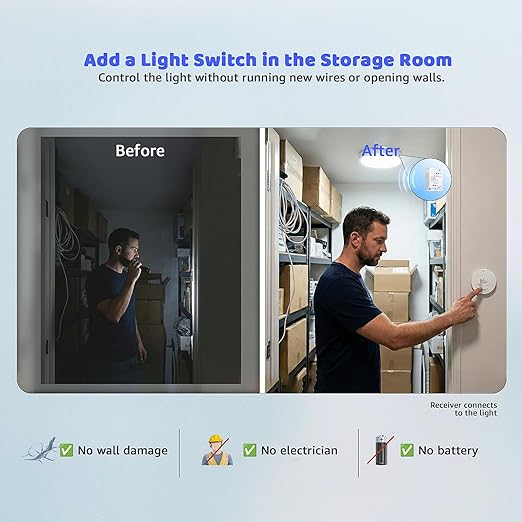 Avorecta Wireless Light Switch and Receiver Kit, Self-Powered Remote Light Switch for Adding a Light, No Wiring, No Battery, No WiFi Needed