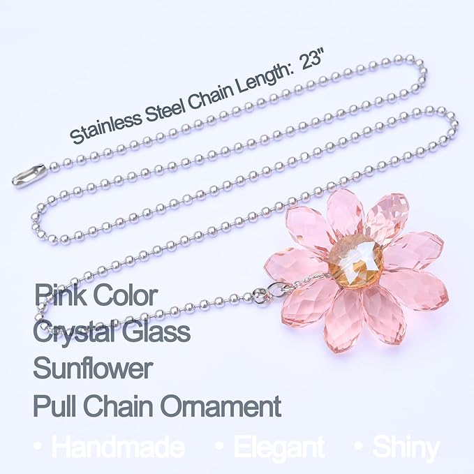 LEFERS Ceiling Fan Pull Chain, 2 Pieces 1.8" Crystal Glass Flower Pendants with 24" Ceiling Fan Chain Extender and Connector (Pink)