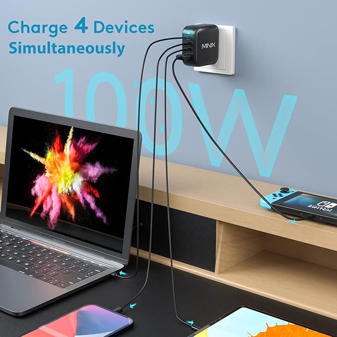 MINIX NEO P3 100W Turbo 4-Port GaN Wall Charger, 3 x USB C port Fast Charging Power Adapter(Max 100W/20W), 1 USB-A (Max 18W). Compatible with MacBook Pro Air, iPad Pro, iPhone 17/16 Pro Max,Galaxy S23