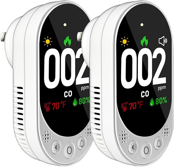 LSENLTY Carbon Monoxide Detectors Plug in, 3-in-1 CO Detector (Temp, Humidity and CO Gas), HD Color Screen Carbon Monoxide Detectors with Remind Function and Selftest Function for Hotel RV, 2 Pack