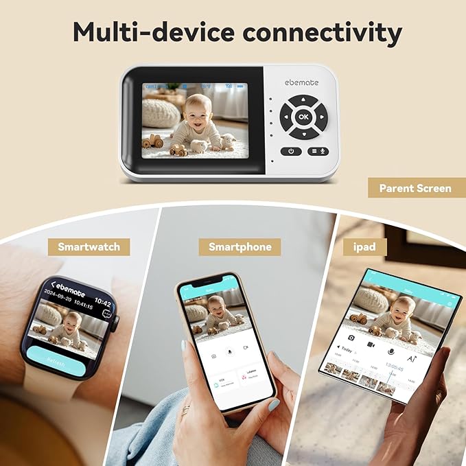 ebemate WiFi Video Baby Monitor,2.8" Display with 1080P Camera,No Glow Night Vision,2-Way Talk & 1200Ft Long Range,WiFi On/Off Cam Baby Monitoring EBS28