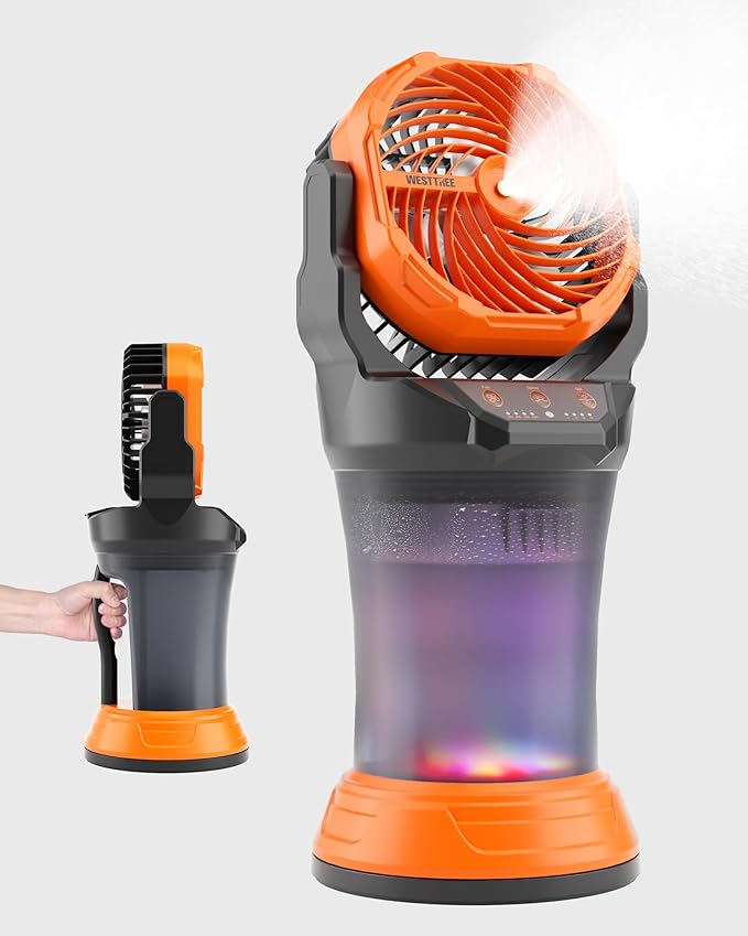 WESTTREE Portable Misting Fan with Large Battery Fan-Rechargeable Outdoor Misting Cooling Fans with 2L Water Tank,RGB Lights,4 Speeds & Spray Modes-for Patio, Camping, Beach, Workshop (X65 Orange)