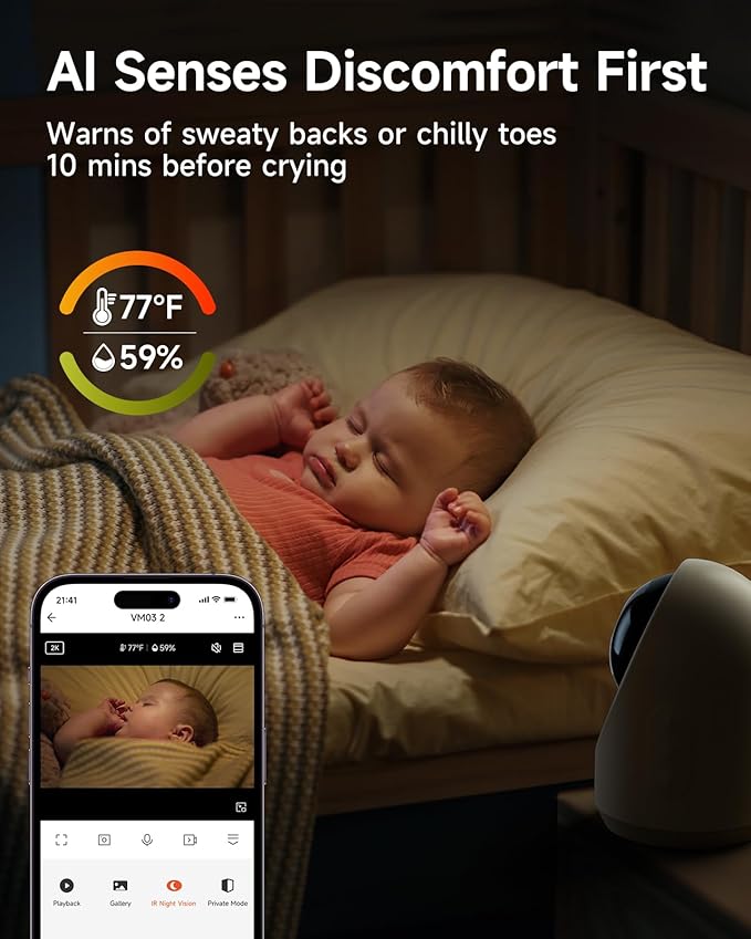 MAMAPRO Baby Monitor with Camera and Audio - 2K Color Night Vision, WiFi Video Baby Monitor - 355° Pan/70°Tilt, AI Motion/Cry/Temp/Humidity Alerts, 2-Way Audio, App for 20 Users, 8 Lullabies