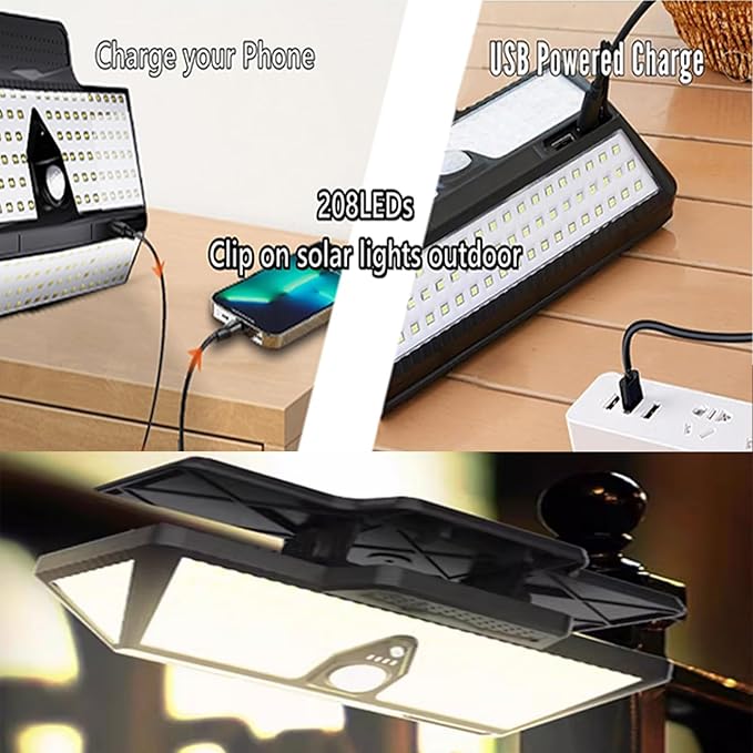 Smartyoyoka Solar Lights Clip On Solar Motion Sensor Lights with 3 Color, IP65 Waterproof Wall Lights with USB & 208LED, Portable Light for Fence, Deck, Wall, Garage, Patio (Black-3600mAh)
