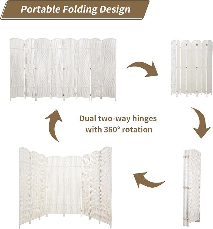 8 Panel Room Divider, 6 FT Wide Folding Screen Room Divider, Off White | Double - Image 2