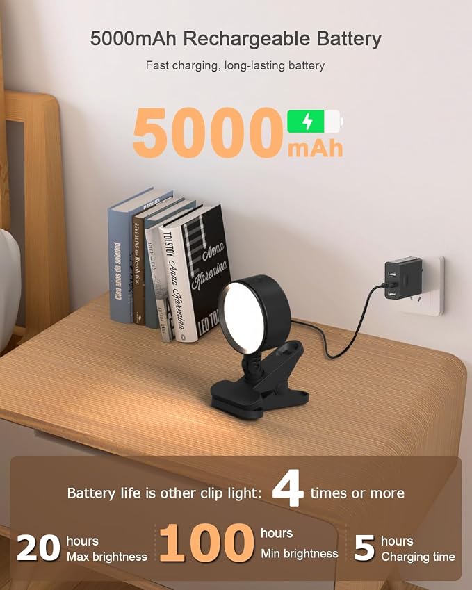 Clip on Light 5000mAh Rechargeable Battery, Clamp Reading Light - Image 2