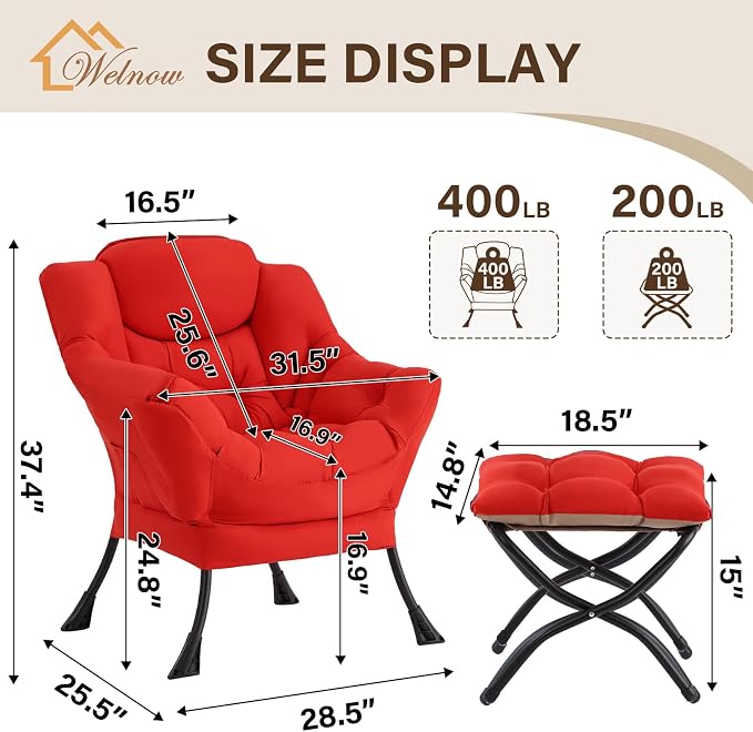 Welnow Lazy Chair with Ottoman, Reading Chair with Footrest, Foldable Footrest - Image 3