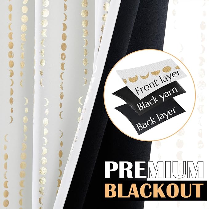 jinchan Boho Blackout Curtains 63 Inch Length Moon Phase Printed Drapes | Gold - Image 4