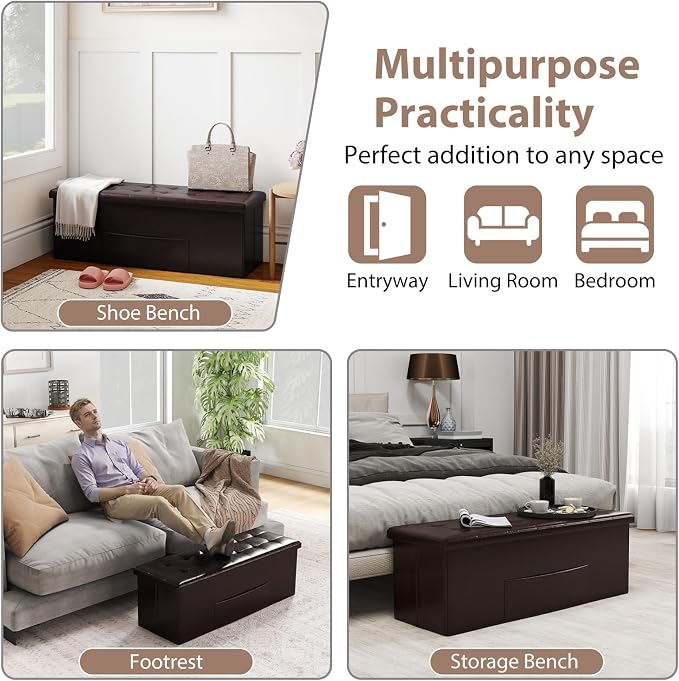 Giantex 43 Inches Folding Storage Ottoman Bench, Upholstered PU Leather Storage - Image 7