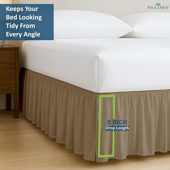 Rajlinen Ruffled Bed Skirt Queen, 8 Inch Drop Dust Ruffle with Split Corners, 100% Microfiber Bedskirt with Platform, Three-Sided Coverage Ruffled Gathering Design, Taupe