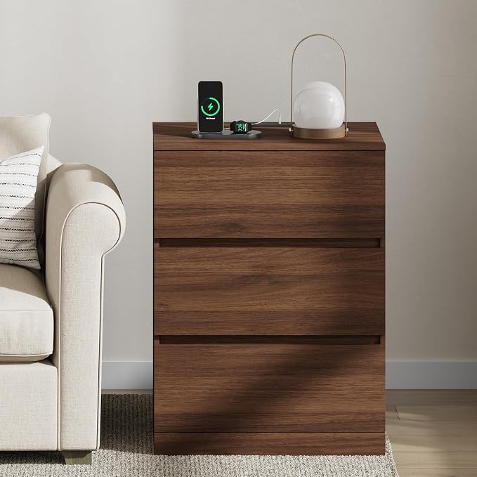 Nightstands Set of 2 with Charging Station and Hidden Drawer, Walnut | Bedside - Image 7