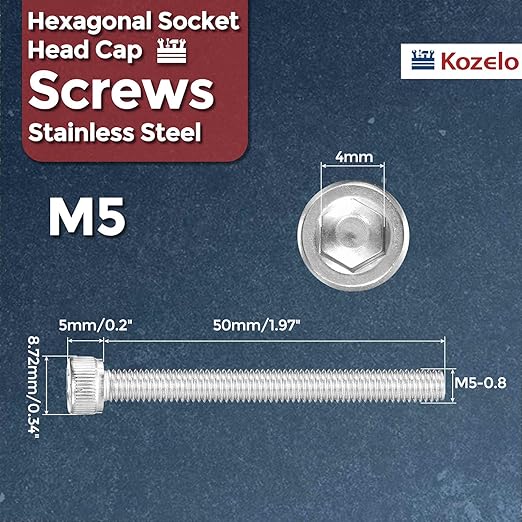 Kozelo 5pcs Socket Head Cap Screws - [M5-0.8 x 50mm] 304 Stainless Steel Allen Socket Drive for Electrical Motor 3D Printing Fan Engine Replacement Use, Silver