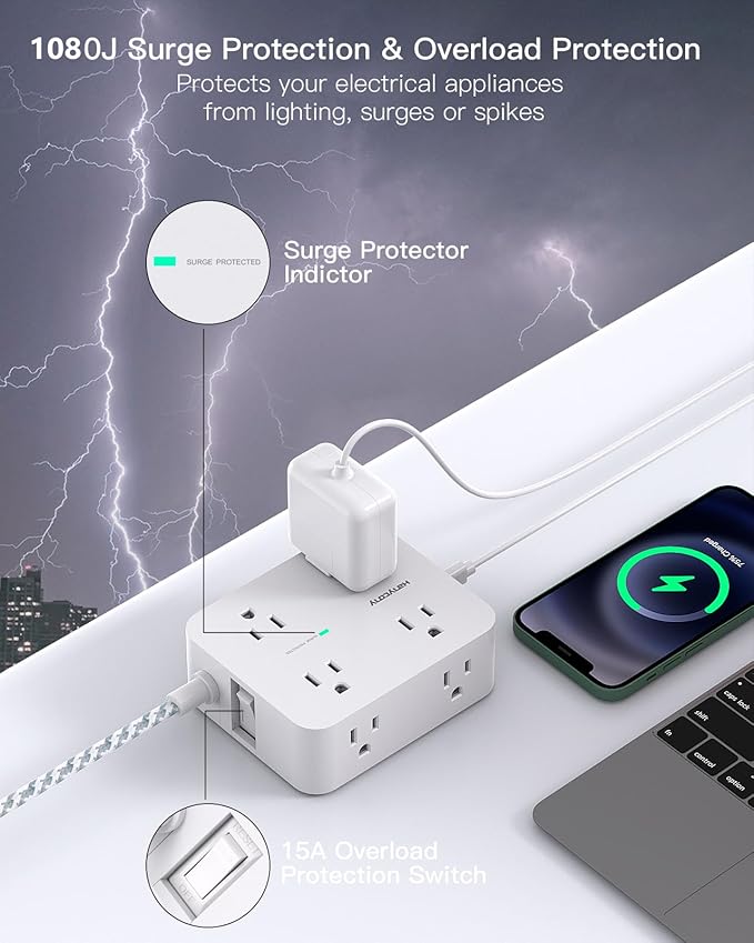 HANYCONY Surge Protector Power Strip 15 Ft Long Cord, Flat Plug | Extension Cord - Image 5