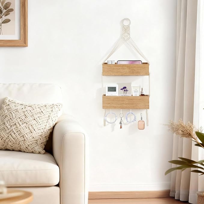 Mkono Macrame Wall Hanging Bedside Shelf Organizer Teen Girls Room Decor | Boho - Image 7