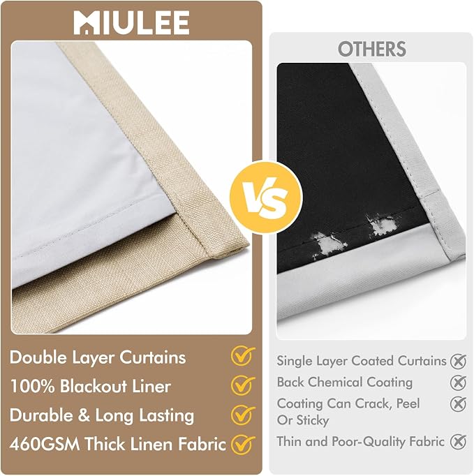 MIULEE Pinch Pleated 100% Blackout Curtains 40"x96" Long Sand 4 Panels Set | - Image 8