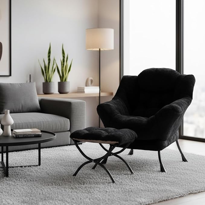 Welnow Lazy Chair with Ottoman, Reading Chair with Footrest, Plush Black | A - Image 6