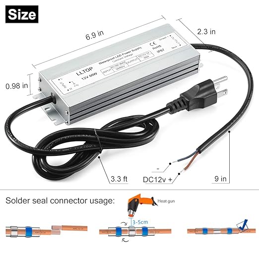 LLTOP LED Driver 60 Watts Waterproof IP67 Power Supply AC100-264V to 12V DC 5A Low Voltage Transformer Ultra Thin Adapter for Outdoor LED Lights, Computer Project