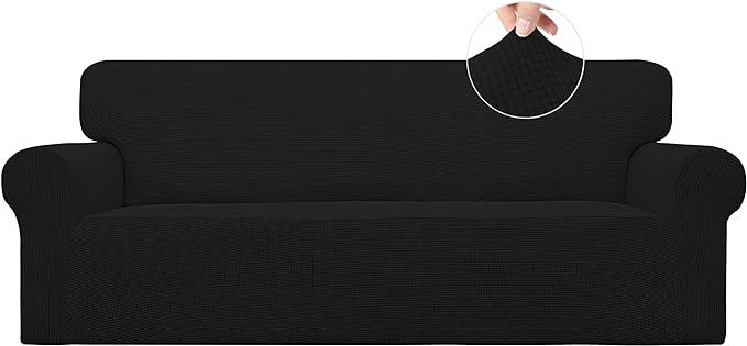 Easy-Going Stretch Sofa Slipcover 1-Piece Sofa Cover Furniture Protector Couch Soft with Elastic Bottom for Kids, Polyester Spandex Jacquard Fabric Small Checks (Sofa, Black)