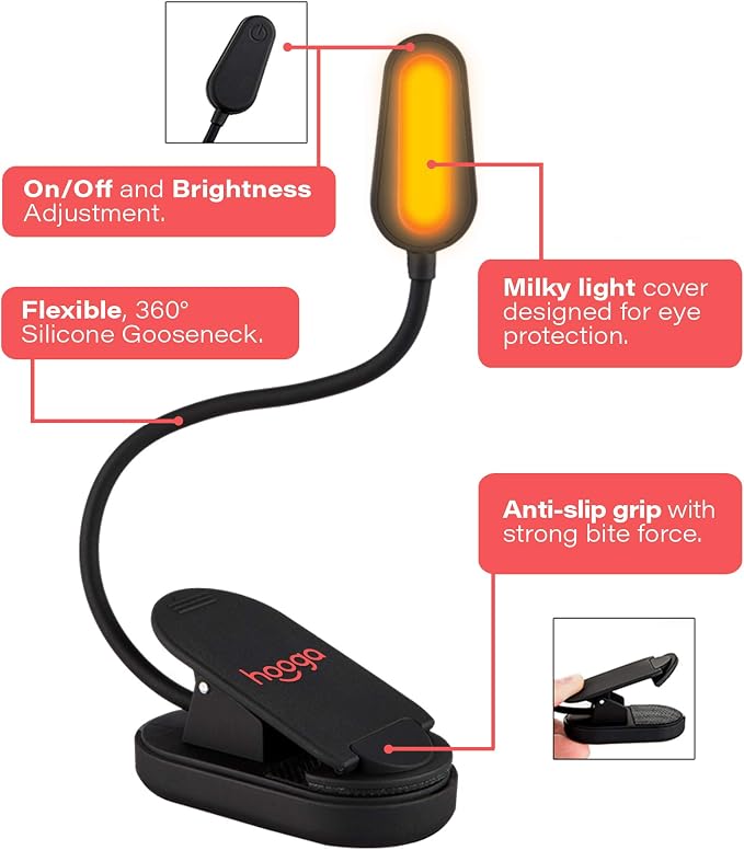 hooga Amber Book Light, Rechargeable Clip-On Blue Light Blocking LED Reading - Image 2