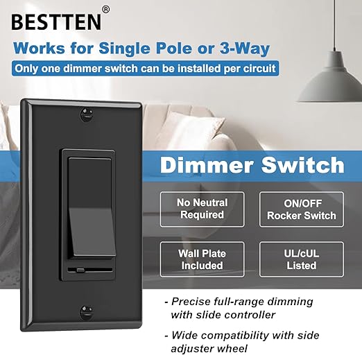 BESTTEN 6 Pack Dimmer Wall Light Switch, Compatible with Dimmable LED, CFL, Incandescent and Halogen Bulb, Single Pole or 3-Way Dimmer Switches, 120VAC, Decorator Wall Plate Included, Black