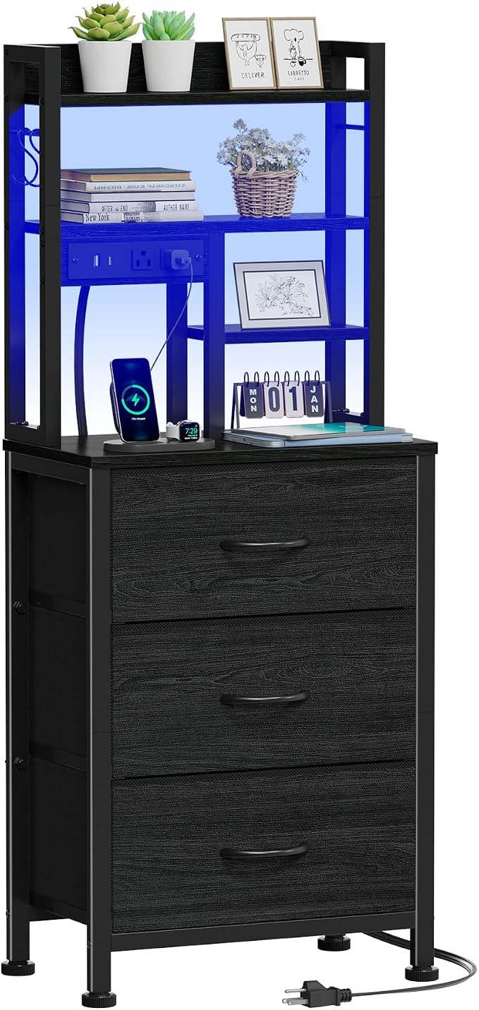 Black Nightstand with Bookshelf, Tall Bedside Table & Night Stand | 3 Fabric by Furnulem