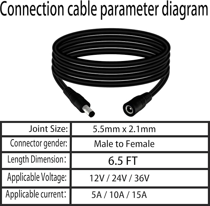 5.5mm x 2.1mm 6.5FT DC Power Extension Cable Male to Female 12V/24V 14AWG DC Connection Cable for CCTV Surveillance Camera Amplifiers LED Strip Lights Solar Panels Energy Storage Power Supply 2 pcs
