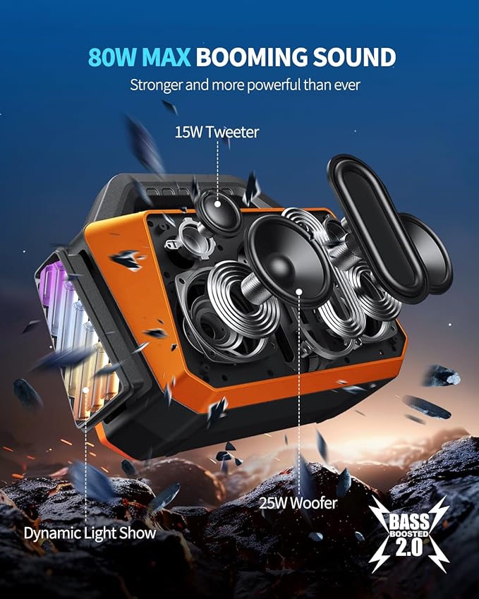 TPWIN Bluetooth Speaker - 80W Loud, Rugged Outdoor Speakers, IPX6 Waterproof, 20H Playtime, Deep Bass, Lightshow, TWS, BT 5.3 Wireless, Portable for Travel Hiking Camping Beach Pool - Orange