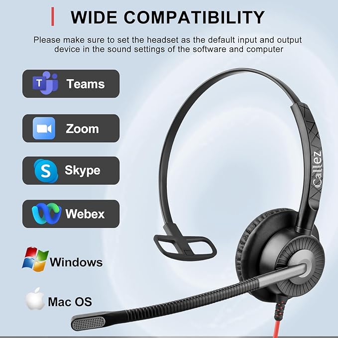 Callez USB Headset with Mic, Computer Headset with ENC Dual Noise Cancelling Microphone & MS Teams Call Button, Wired Mono Headphones for PC Laptop Mac Teams Zoom Home Office Work