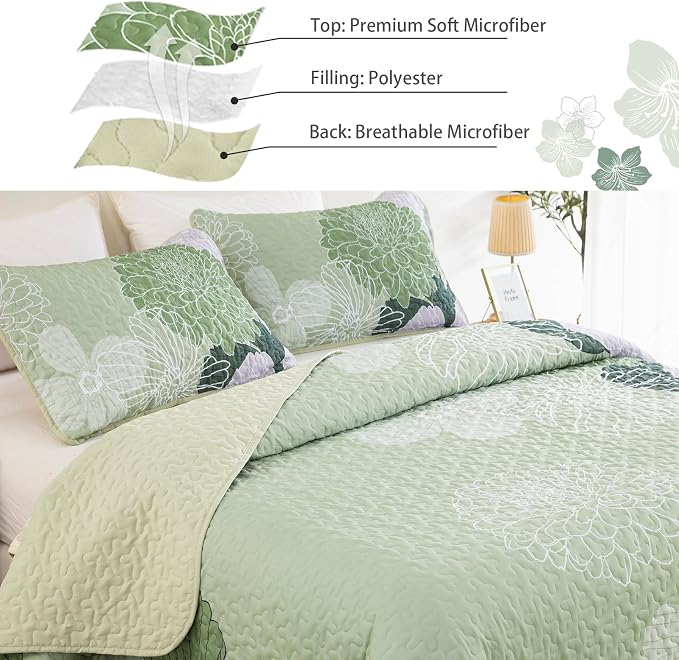 Yiran Floral Quilt Set Queen Sage Green Botanical Bedspreads Bedding Set | 3 - Image 3