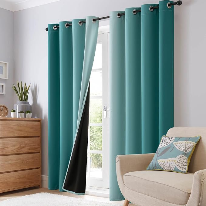 SimpleHome 100% Blackout Ombre Bedroom Curtains Teal and Greyish White - Image 7