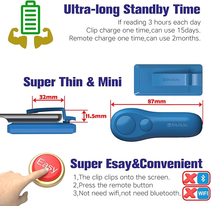 SK SYUKUYU RF Remote Control Page Turner for Kindle Reading Ipad Surface Comics, iPhone Android Tablets Reading Novels Taking Photos(Blue)