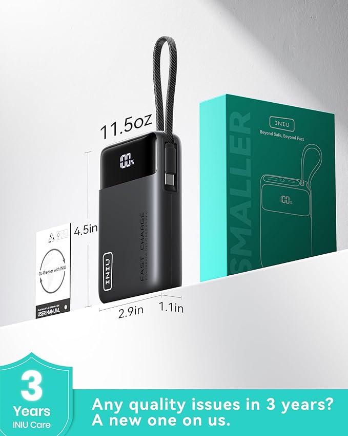 INIU 45W Portable Charger, Smallest 20000mAh Power Bank with Build in USB-C Cable, Fast Charging USB C in&Out Battery Pack, Travel Phone Charger for iPhone 17 16 15 Air Samsung S25 S24 Google iPad etc