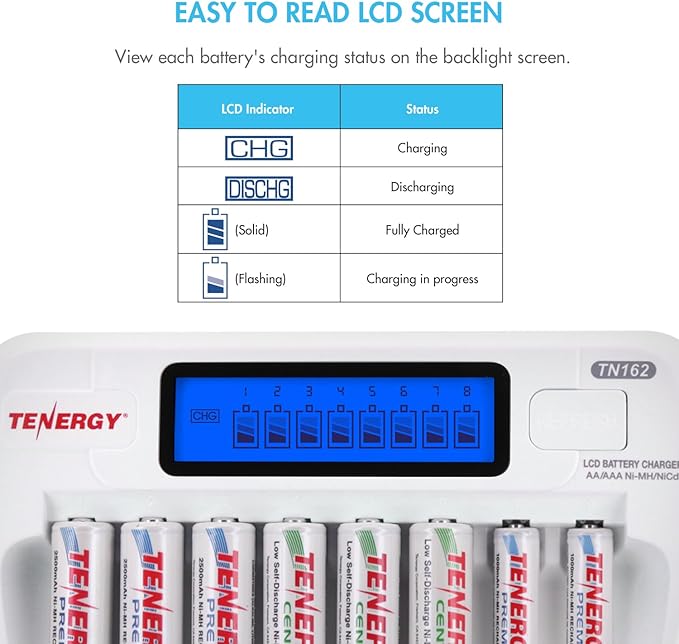 Tenergy TN162 8-Bay Smart LCD Battery Charger for Rechargeable AA/AAA NiMH/NiCd Batteries