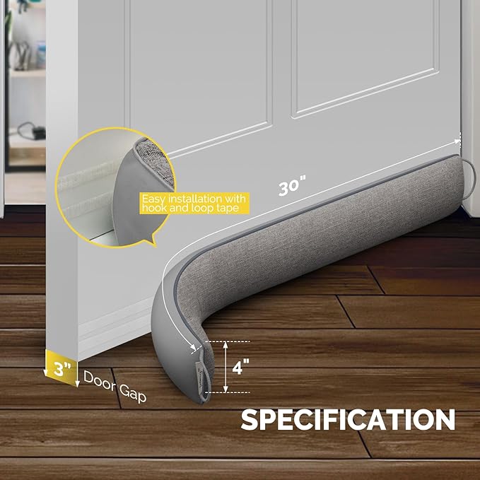 fowong Door Draft Stopper 30 Inch Weighted Under Door Noise Stopper Soundproofing Draft Guard Wind Blocker with Hook Tapes for Easy Install, Grey