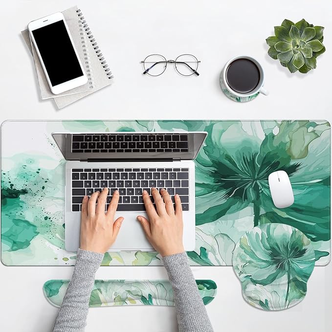 Britimes Colorful Floral Keyboard Mouse Pad Set Flower Green Summer 4in1 Large Mousepad+Keyboard Wrist Rest+Mouse Wrist Rest+Coaster Ergonomic Design for Home Office Computer 35.4x15.7 inches