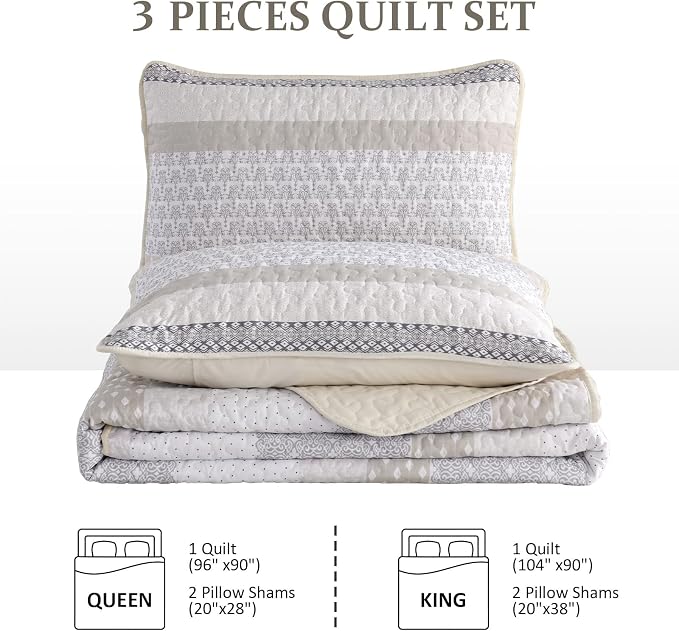 WONGS BEDDING Beige Quilt Set California King, Stripe Bedding Set | Soft - Image 8