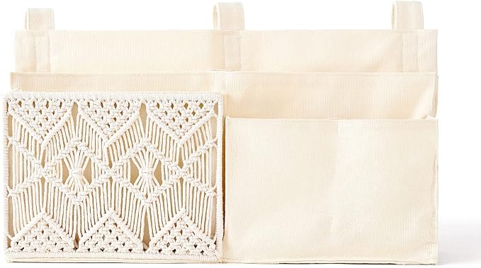 Mkono Bedside Caddy, Macrame Bunk Bed Hanging Organizer, 7 Pockets Ivory | Dorm by Mkono