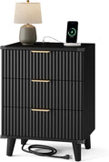 Wood Bedside Table w/Charging Station, 3 Drawers Fluted Dresser | Black by Lulive