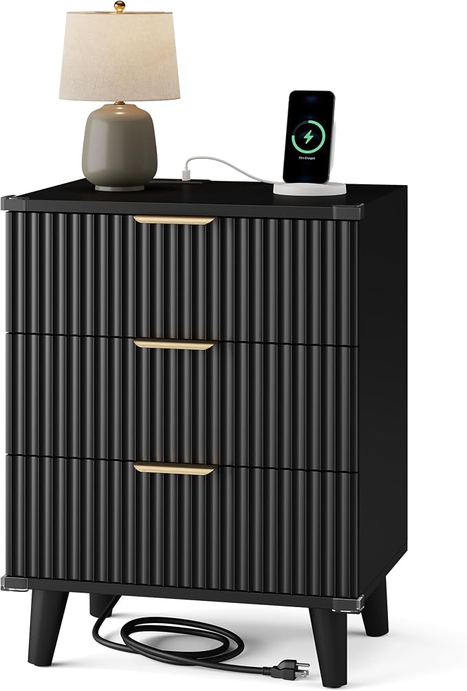Wood Bedside Table w/Charging Station, 3 Drawers Fluted Dresser | Black by Lulive