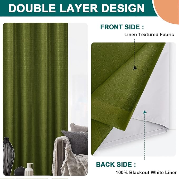 Diraysid 100% Blackout Curtains Olive Green Linen Curtains - Image 5
