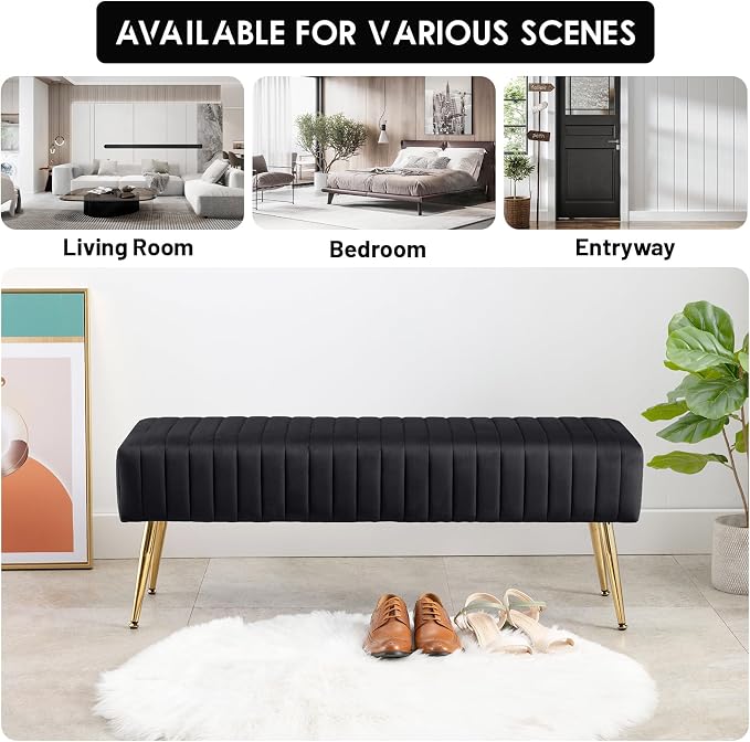 44 Inch Bedroom Bench, Upholstered Tufted Striped Fabric Ottoman Benches - Image 7