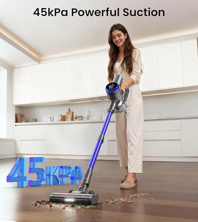 FKIEN Cordless Vacuum Cleaner, 550W 45kPa 65Mins Vacuum Cleaners for Home with LED Display, Self-Standing Stick Vacuum with Anti-Tangle Brush, Rechargeable Vacuum Cordless for Pet Hair/Carpet/Floor