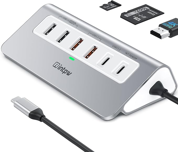 intpw P9 PRO USB C Hub 10Gbps, 9-in-1 USB C Docking Station with 4K@60Hz HDMI, Type-C & 2 Type-A 3.2, 2 USB-A 2.0, PD 100W, SD/TF Port,Aluminum USB Hub for Laptop, iPhone 17 Series, MacBook Air/Pro