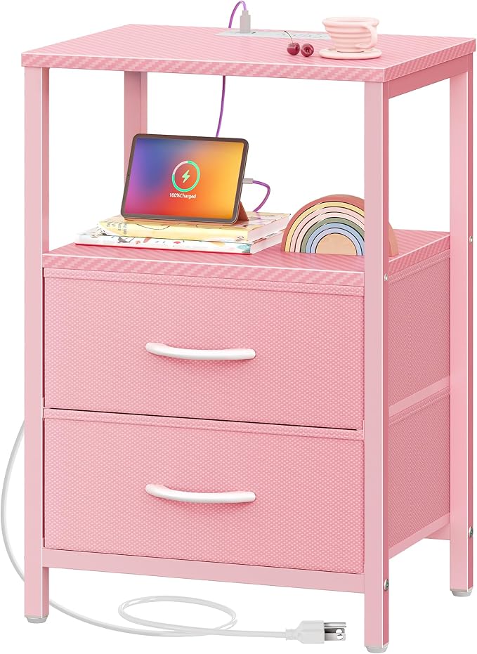 Huuger Nightstand with Charging Station, Side Table with Fabric Drawers | End by Huuger