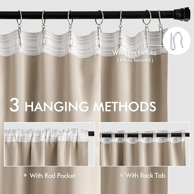 MIULEE Taupe Back Tab Blackout Curtains 52x90 Inch Long 2 Panels Set | Rod - Image 3