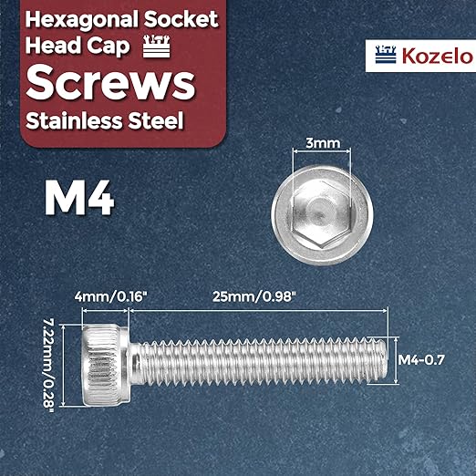 Kozelo 30pcs Socket Head Cap Screws - [M4-0.7 x 25mm] 304 Stainless Steel Allen Socket Drive for Electrical Motor 3D Printing Fan Engine Replacement Use, Silver
