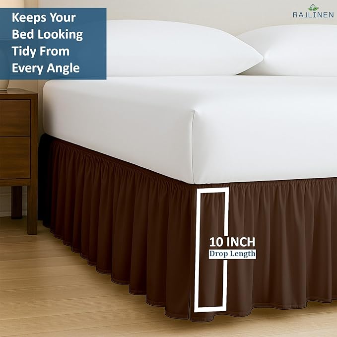 Rajlinen Ruffled Bed Skirt Queen, 10 Inch Drop Dust Ruffle with Split Corners, 100% Microfiber Bedskirt with Platform, Three-Sided Coverage Ruffled Gathering Design, Chocolate