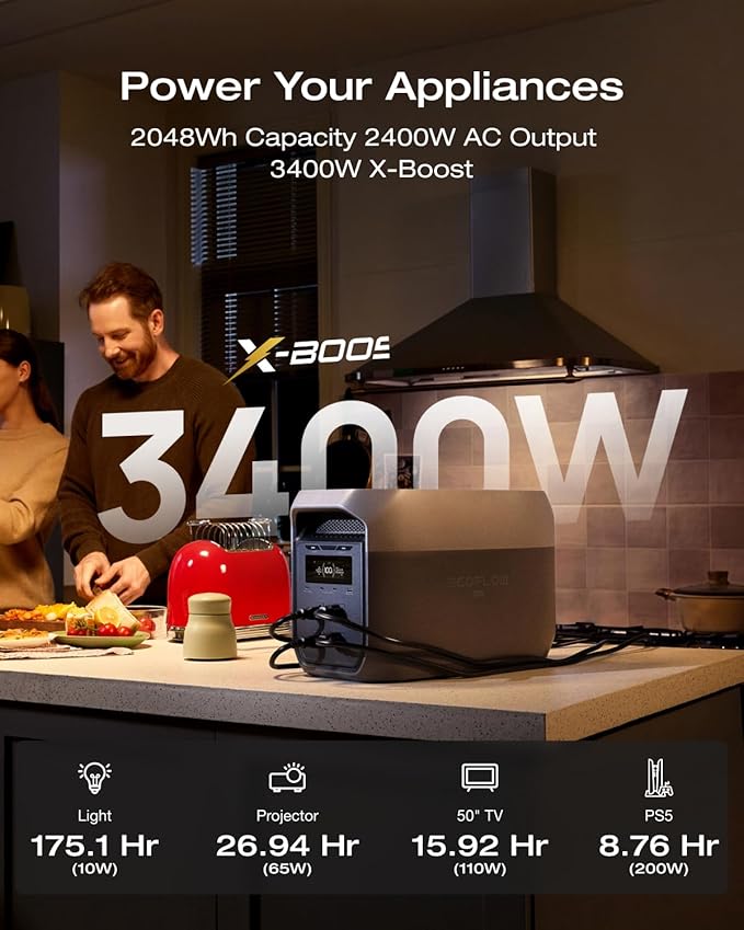 EF ECOFLOW Portable Power Station DELTA 3 Max, 2048Wh LiFePO4 Battery, Solar Generator (Solar Panel Optional), 3400W X-Boost Output, Ultra-Fast 0-80% Charging in 1.13 Hr, Home Backup & RV Camping